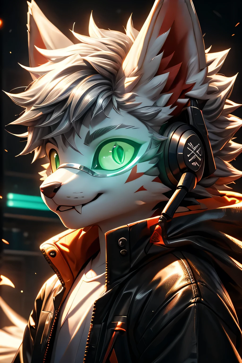 Young werewolf，scarlet fur，  wears a black jacket with neon details，Wear an electronic mask ， wear a gaming headset ，Avatar， facial close-up ， high quality， Mathematical Art ，，High-definition 4K realistic，(( clear structural details )))Show details，  Delicate Eyes ，(Blue-green pupils)((Silvery-white glowing eyes ))，Soft，4K，Excellent quality ，high detail， fine fur ，(( Yellowtail in the right place ))Light blue shirt。Pale ears，Red Hair，whole body，permanent，Small and short mouth，Personification， aggressive 