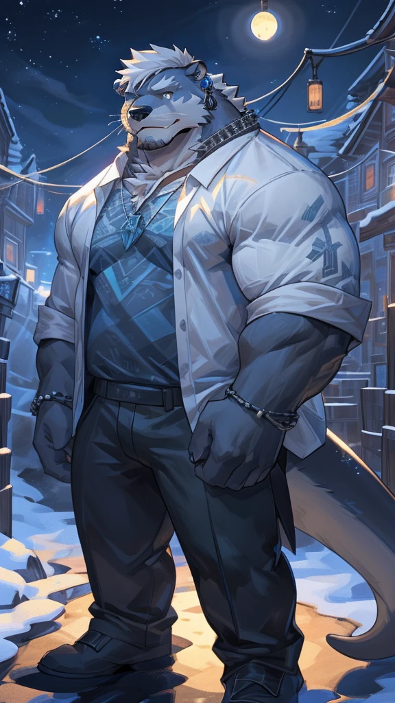 Anthropomorphic otter (white hair,brown pupil in on eye,blue pupil in one eye,handsome,cool,cool necklace),cool pose,chuby belly,massive body, muscular arms, muscular legs,654'5 tall,strong, black pants,cool shirt,background:christmas night,snowy,blue earring