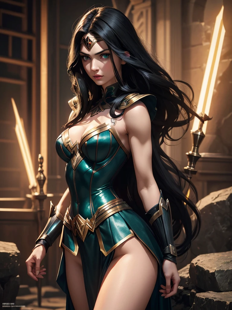 1female，35yo，熟妇，Slim，Tall，gigantic cleavage breasts，Big breasts Thin waist，slenderlegs，Pornographic exposure， 独奏，（Background with：ln the forest，the rainforest，in summer） She has long blue hair，standing on your feet，Sweat profusely，drenched all over the body，seen from the front， hair straight， mostly cloudy sky，（（（tmasterpiece），（Very detailed CG unity 8K wallpaper），best qualtiy，cinmatic lighting，detailed back ground，beatiful detailed eyes，Bright pupils，blue color eyes，Redlip（Very fine and beautiful），（Beautiful and detailed eye description），ultra - detailed，tmasterpiece，）），facing at camera，（Full body photo），Show shoes，A high resolution，ultra - detailed），revealing breasts，Bare genitalia， Lower body elevation，Raised sexy，Camel toes，Flushed complexion，Open-mouthed，frontage，Gold Saint Seiya（Wearing：Wonder Woman uniform，Sex shorts，Cloak），full bodyesbian，Show shoes