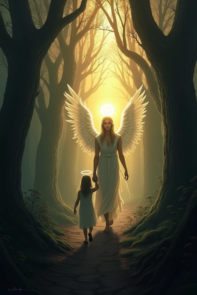 Can you generate a boy walking with a school back and can you make the boy are like the angel protecting the boy, and the background should be like are tree too much like the angel is protecting the boy and the background there's like a eye watching the boy