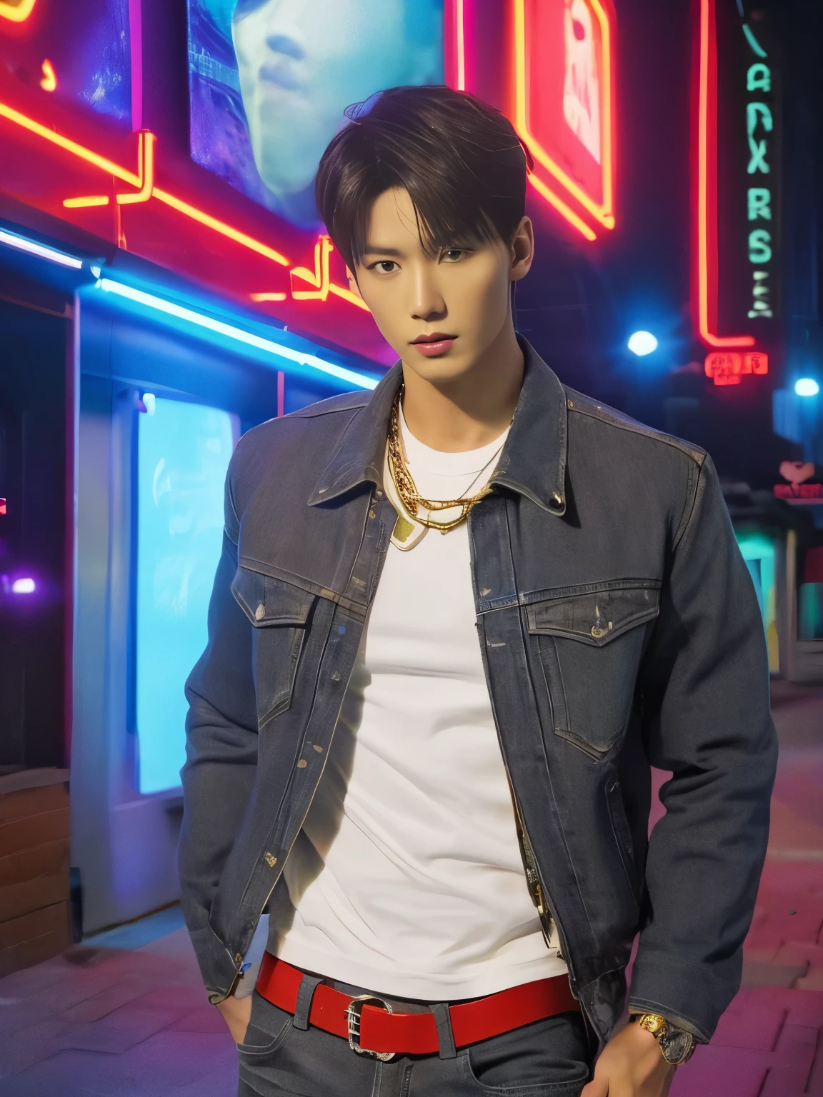 (Detailed face:1.3), 8k, photorealistic, best quality, (insanely detailed:1.3), Korean Pop Idol, very handsome Korean man, tattoos, very muscular, prominent veins, abs, very tall, (very tanned skin:1.3), (huge bulge crotch:1.4), bangs, red hair, short hair, black bomber jacket, tight white t-shirt, dark gray ripped skinny jeans, standing with arms crossed, heavy gold chain, looking at viewer, cowboy shot, neon-lit street with billboards, urban night scene