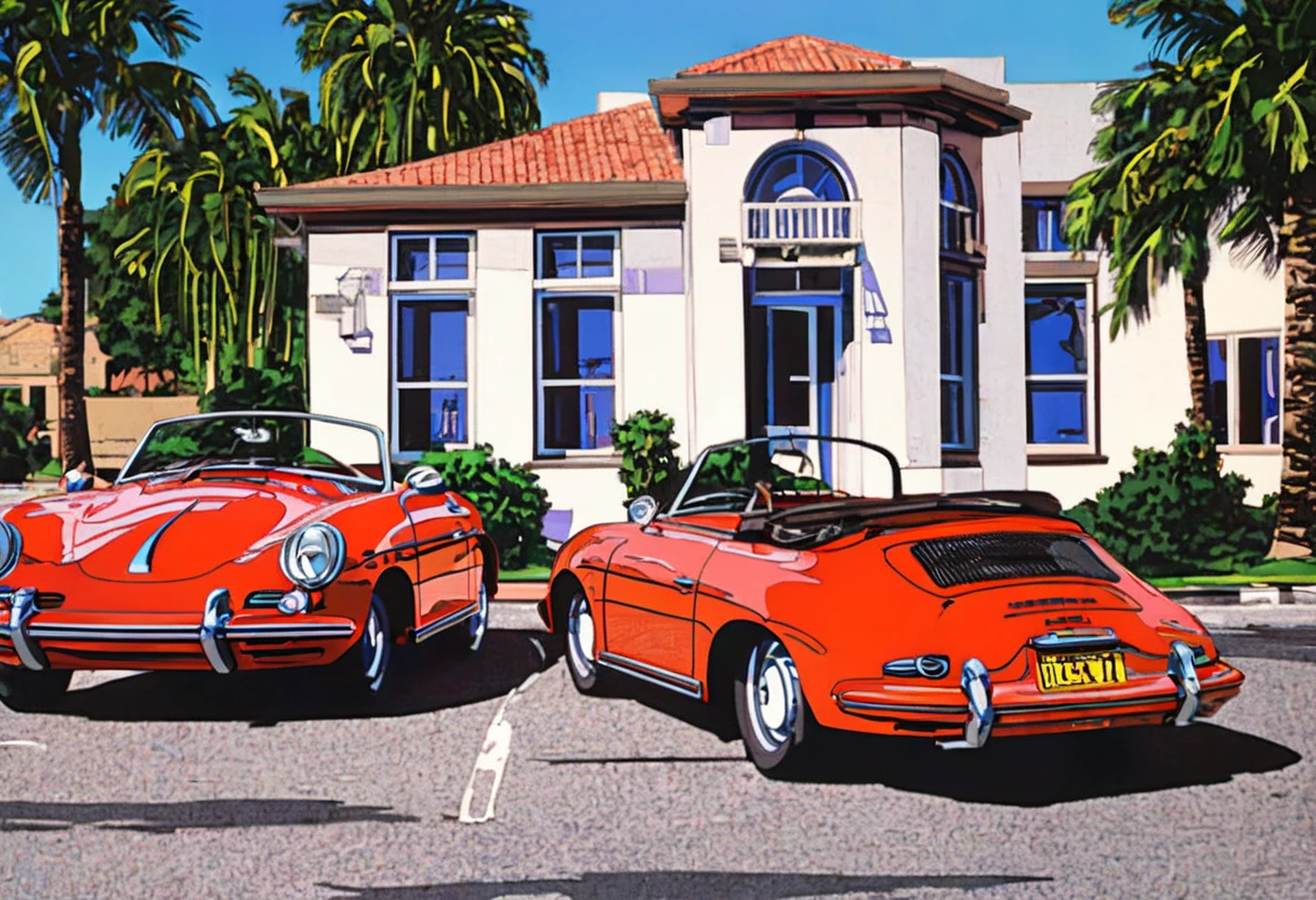 
Coastal road on the west coast of America with brick buildings, palm tree, grass, a highly detailed vintage red Porsche 356C Cabriolet car parked on the side, under a bright blue sky on a sunny day, (best quality, 4k ,8k ,highres ,masterpiece:1.2), ultra-detailed, physically-based rendering, vivid colors ,studio lighting, sharp focus, professional, SuzukiEizin, 1980s