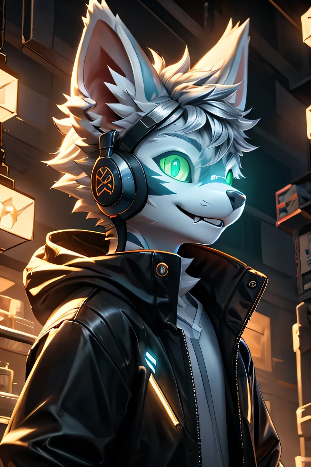 Young werewolf， blue fur ，  wears a black jacket with neon details，Wear an electronic mask ， wear a gaming headset ，Avatar， facial close-up ， high quality， Mathematical Art ，，High-definition 4K realistic，(( clear structural details )))Show details，  Delicate Eyes ，(Blue-green pupils)((Silvery-white glowing eyes ))，Soft，4K，Excellent quality ，high detail， fine fur ，(( Yellowtail in the right place ))Light blue shirt。Pale ears，Red Hair，whole body，permanent，Small and short mouth，Personification， aggressive 