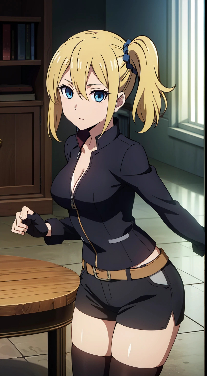 hayasaka, blonde hair, blue eyes, hair Scrunchie, side ponytail, Scrunchie, 1 girl, hair ornaments, alone, hair between eyes, (jacket, black gloves, black shorts, fingerless gloves, gloves, legwear, Jacket, Long sleeve, open Jacket, short shorts, shorts, city),
beautiful Finger, beautiful body, beautiful character design, perfect eyes, perfect face, expressive eyes, looking at the viewer, Show up to your knees, sexy pose, in the center of the image, official art, High Definition CG Unity, Perfect lit, bright_front_face_lit, (table top:1.0),(Highest_quality:1.0), 4k, Super detailed, photograph, 8k, nffsw, High resolution, (absurd:1.2), kodak portrait 400, film grain, Lens flare, (lively_color:1.2),  (beautiful_medium breasts:1.4), (beautiful_face:1.3), (narrow_waist), (cowboy shot:1.2), 
