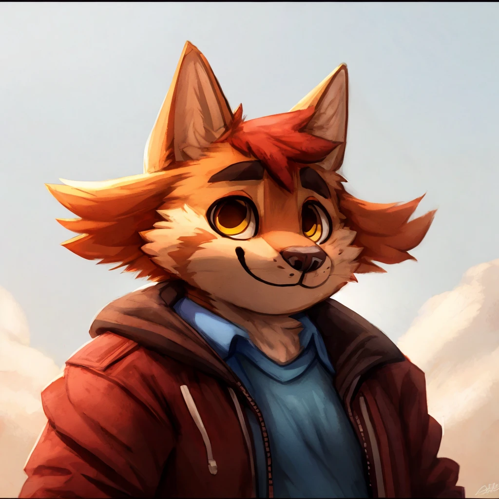 A close-up of an anthropomorphic, red and white cat, red short hair, yellow eyes, round face, oval face, closed smile, jacket, chibi style, chubby, looking down to viewer, blue shirt, high quality fursona art, high quality furry art.
