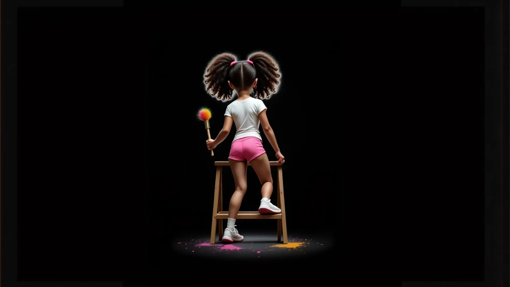 Inspired by Disney Pixar characters and films, create the image of
A , ****, 12Y, AGE: 12, AGE:12Y, ******* DE IDADE,  GIRL, with curly Afro-descendant hair tied in two ponytails, wearing a white t-shirt without any print, very short shorts, sensual and attractive pink, white socks up to her knees and white sneakers, everything white on her is dirty with paint without exception, including her t-shirt and socks, she is 1.35 tall, she is a , but she is sensual, attractive, charming, bold, depraved, BEAUTIFUL, THIN, SENSUAL, PRE-ADOLESCENT BODY, E, ATTRACTIVE, 1.35 TALL, LIGHT BROWN SKIN, FILMED FROM THE BACK ON A TWO-STEP LADDER WITH A BRUSH IN HER HAND, 