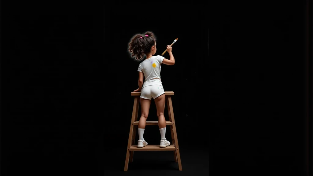 Inspired by Disney Pixar characters and films, create the image of
A , ****, 12Y, AGE: 12, AGE:12Y, ******* DE IDADE,  GIRL, with curly Afro-descendant hair tied in two ponytails, wearing a white t-shirt without any print, very short shorts, sensual and attractive pink, white socks up to her knees and white sneakers, everything white on her is dirty with paint without exception, including her t-shirt and socks, she is 1.35 tall, she is a , but she is sensual, attractive, charming, bold, depraved, BEAUTIFUL, THIN, SENSUAL, PRE-ADOLESCENT BODY, E, ATTRACTIVE, 1.35 TALL, LIGHT BROWN SKIN, FILMED FROM THE BACK ON A TWO-STEP LADDER WITH A BRUSH IN HER HAND, 