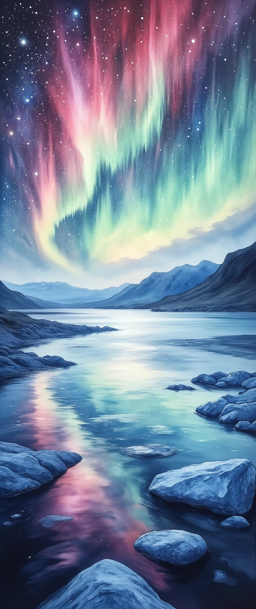 (masterpiece:1.2,Outstanding quality,Mirror finish, Cinematic Experience),8k,16k,wallpaper,( best illustrations),(Aurora over a glacier:2.0),(Watercolor painting of auroras seen at Jökulsárlón glacier lake:2.0),(Iceland),(Spectacular landscape photos ),( dynamic),(Vivid colors:2.0),(美しい gradient :2.0),(Diffuse reflection of light:2.0),(Mysterious),Smear, gradient ,Blur, sputtering,Layering,Dry brush,wiping ,Soft touch