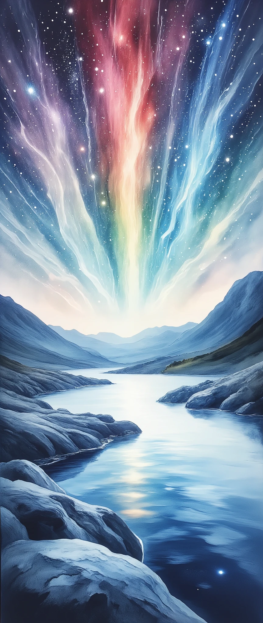 (masterpiece:1.2,Outstanding quality,Mirror finish, Cinematic Experience),8k,16k,wallpaper,( best illustrations),(Aurora over a glacier:2.0),(Watercolor painting of auroras seen at Jökulsárlón glacier lake:2.0),(Iceland),(Spectacular landscape photos ),( dynamic),(Vivid colors:2.0),(美しい gradient :2.0),(Diffuse reflection of light:2.0),(Mysterious),Smear, gradient ,Blur, sputtering,Layering,Dry brush,wiping ,Soft touch