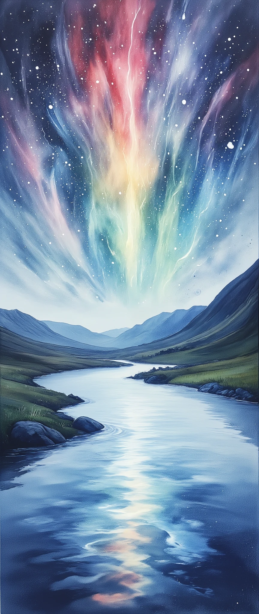 (masterpiece:1.2,Outstanding quality,Mirror finish, Cinematic Experience),8k,16k,wallpaper,( best illustrations),(Aurora over a glacier:2.0),(Watercolor painting of auroras seen at Jökulsárlón glacier lake:2.0),(Iceland),(Spectacular landscape photos ),( dynamic),(Vivid colors:2.0),(美しい gradient :2.0),(Diffuse reflection of light:2.0),(Mysterious),Smear, gradient ,Blur, sputtering,Layering,Dry brush,wiping ,Soft touch