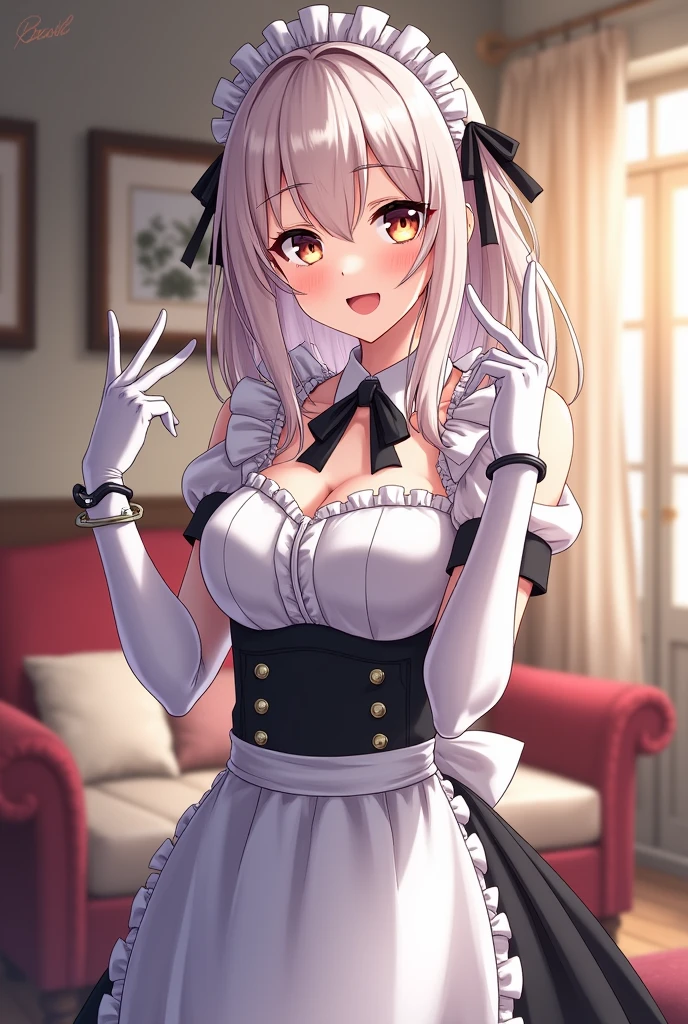 NSFW,koneko toujou (dxd),Gray Hair,short hair,(Maid clothes:1.2),(cropped:1.5),Micro Mini Skirt,garter belt,Embarrassed,blush,(Perfect hands),(Perfect Anatomy),(masterpiece),(highest quality),living,