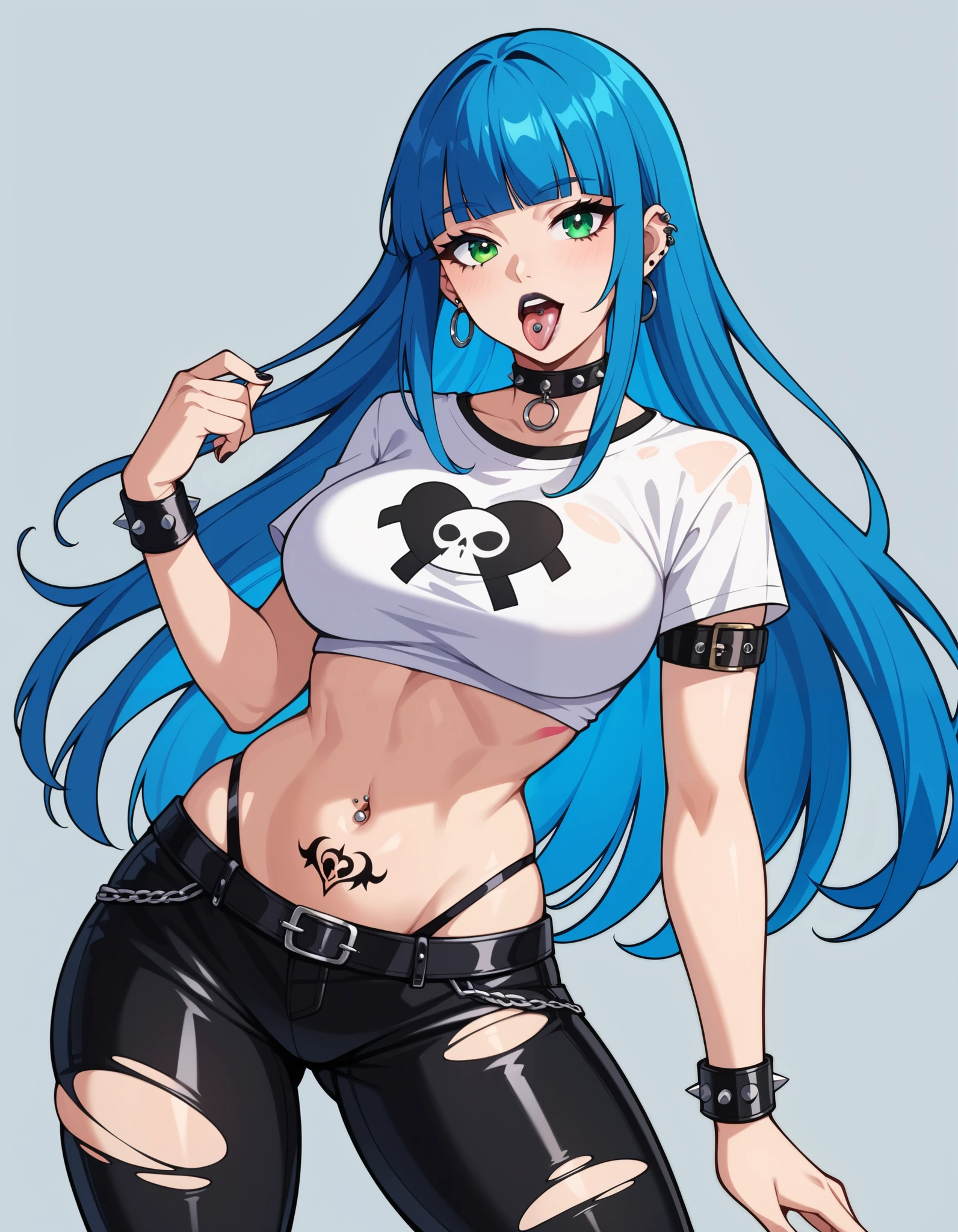 score_9, score_8_up, score_7_up,  1girl, ,((( long straight hair,1,5))), (dark blue hair:1.5), blunt bangs, (green eyes), voluptuous, pale skin, , goth attire, punk attire, ripped cropped t-shirt, leather pants, pierced navel, belly tattoo, , spiky armbands, chocker,, tongue piercing, tongue, tongue out, open mouth,