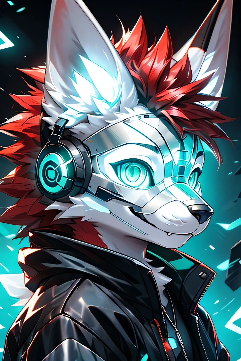 Young werewolf, Red fur,   wears a black jacket with neon details,  wearing a mechanical mask ,  equipped with gaming headphones , profile picture,  high quality facial close-up ,  Mathematical Art , ,  HD 4K realism , (( clear structural details )), Detailed and realistic ,  delicate eyes , ( turquoise pupils ), ((Silvery-white glowing eyes )), Evil Smile,  Smile, slim, soft, 4K, Excellent quality , high detail, Fine hair, (( tail in the right position) ，Light blue shirt。Two ears，Red Hair，whole body，permanent
