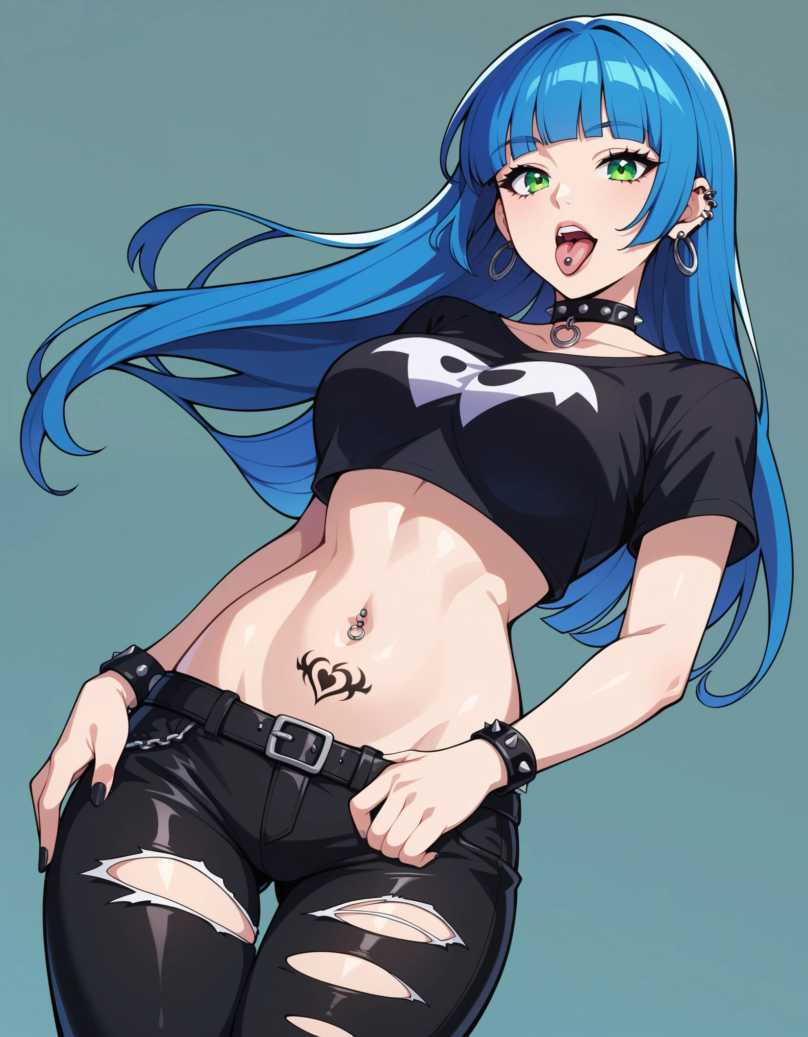 score_9, score_8_up, score_7_up,  1girl, ,((( long straight hair,1,5))), (dark blue hair:1.5), blunt bangs, (green eyes), voluptuous, pale skin, , goth attire, punk attire, ripped cropped t-shirt, leather pants, pierced navel, belly tattoo, , spiky armbands, chocker,, tongue piercing, tongue, tongue out, open mouth,