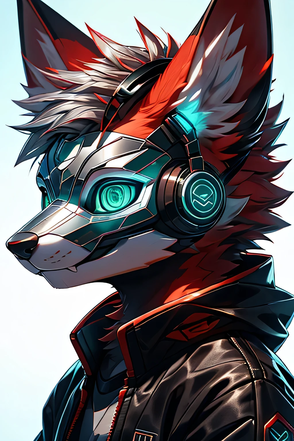 Young werewolf, Red fur,   wears a black jacket with neon details,  wearing a mechanical mask ,  equipped with gaming headphones , profile picture,  high quality facial close-up ,  Mathematical Art , ,  HD 4K realism , (( clear structural details )), Detailed and realistic ,  delicate eyes , ( turquoise pupils ), ((Silvery-white glowing eyes )), Evil Smile,  Smile, slim, soft, 4K, Excellent quality , high detail, Fine hair, (( tail in the right position) ，Light blue shirt。Two ears，Red Hair，whole body，permanent
