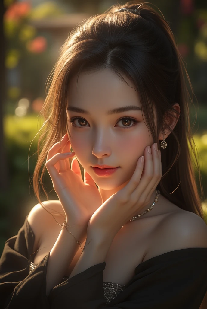 8k, masterpiece, RAW photo, best quality, photorealistic, extremely detailed CG unity 8k wallpaper, Depth of field, Cinematic Light, Lens Flare, Ray tracing, (extremely beautiful face, beautiful lips, beautiful eyes), intricate detail face, ((ultra detailed skin)), 1girl, in the dark, deep shadow, pretty girl, ((looking at viewer)), clear eyes, front shot, (pale skin),  face forward, (brown hairs), very slim, small breasts, (full body shot), BREAK (windy:1.4), (floating hair:1.3), (black sabai:1.4), (traditional thai dress:1.2), (jewelry:1.3), (navel:1.2), in wonderful garden, sunray, sun raise, sun light, BREAK she smile and shy, her two hands cover face. embarrassing.