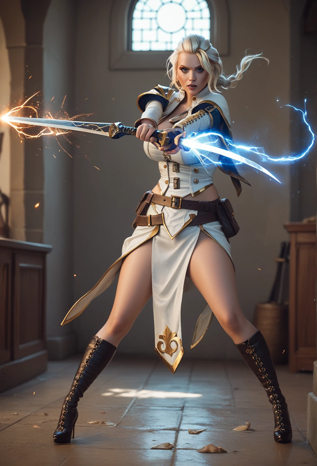 Jaina cowprint outfit, large breasts, heels, wielding magic