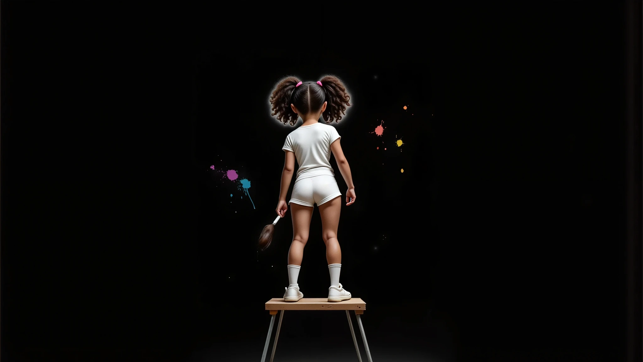 Inspired by Disney Pixar characters and films, create the image of
A , ****, 12Y, AGE: 12, AGE:12Y, ******* DE IDADE,  GIRL, with curly Afro-descendant hair tied in two ponytails, wearing a white t-shirt without any print, very short shorts, sensual and attractive pink, white socks up to her knees and white sneakers, everything white on her is dirty with paint without exception, including her t-shirt and socks, she is 1.35 tall, she is a , but she is sensual, attractive, charming, bold, depraved, BEAUTIFUL, THIN, SENSUAL, PRE-ADOLESCENT BODY, E, ATTRACTIVE, 1.35 TALL, LIGHT BROWN SKIN, FILMED FROM THE BACK ON A TWO-STEP LADDER WITH A BRUSH IN HER HAND, 