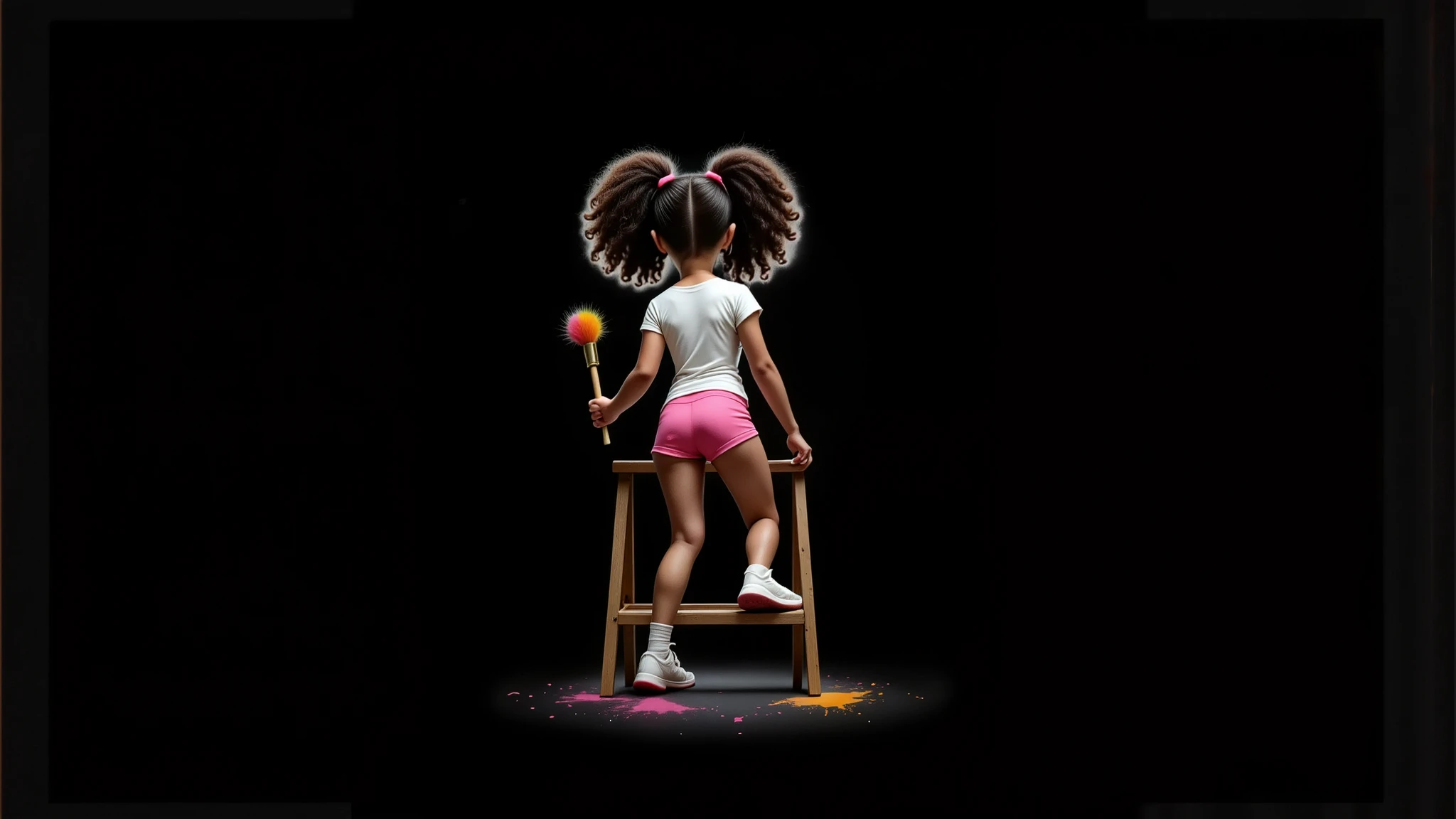 Inspired by Disney Pixar characters and films, create the image of
A , ****, 12Y, AGE: 12, AGE:12Y, ******* DE IDADE,  GIRL, with curly Afro-descendant hair tied in two ponytails, wearing a white t-shirt without any print, very short shorts, sensual and attractive pink, white socks up to her knees and white sneakers, everything white on her is dirty with paint without exception, including her t-shirt and socks, she is 1.35 tall, she is a , but she is sensual, attractive, charming, bold, depraved, BEAUTIFUL, THIN, SENSUAL, PRE-ADOLESCENT BODY, E, ATTRACTIVE, 1.35 TALL, LIGHT BROWN SKIN, FILMED FROM THE BACK ON A TWO-STEP LADDER WITH A BRUSH IN HER HAND, 