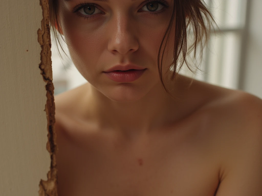 two very thin young nude teenager who looks anorexic gazing sadly into the camera lens. The scene show the entire body of the teenager. Moaning face. the girl's body is similar to that of a pubescent. gagged.with a crucifix around his neck. she is squatting with spread legs.