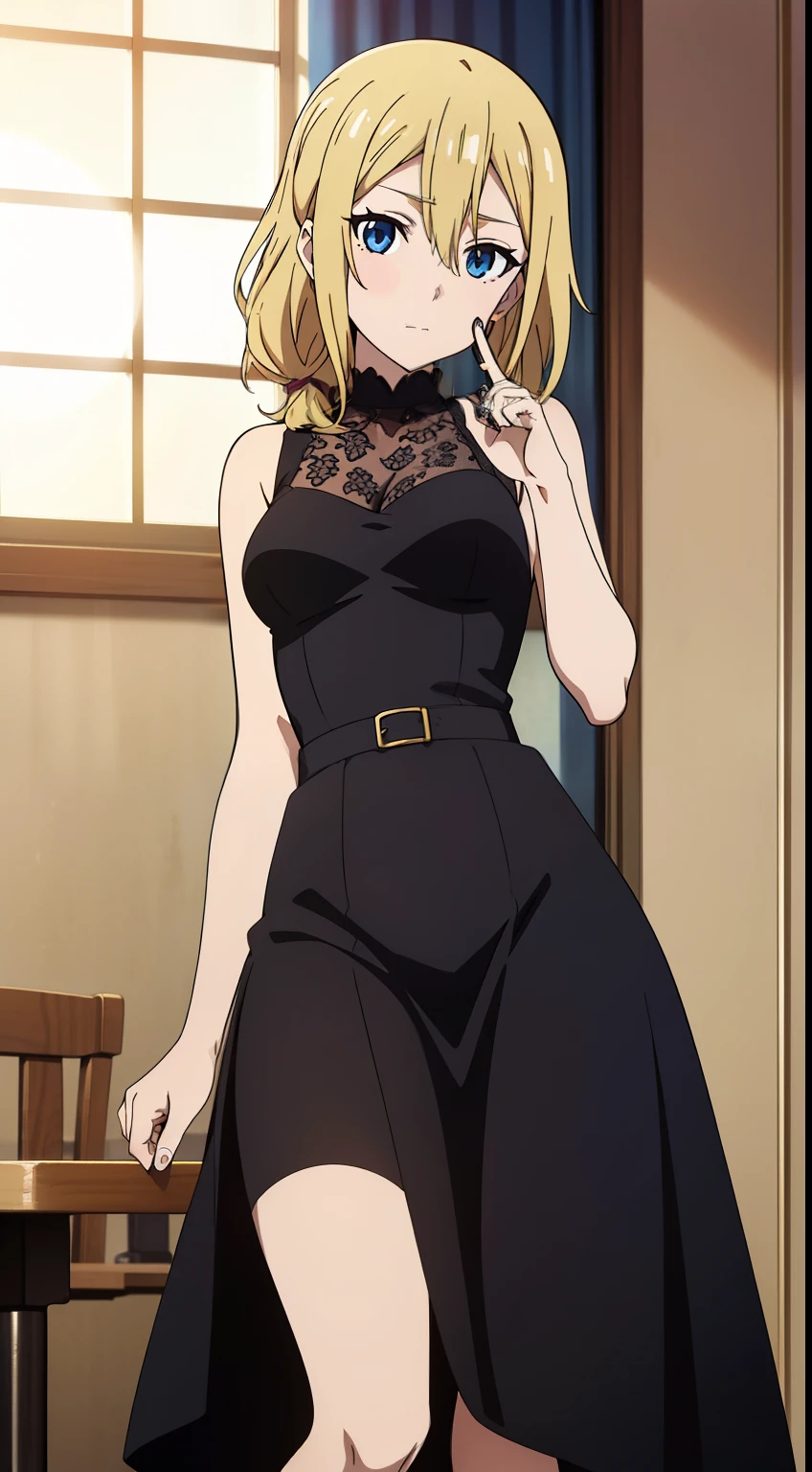 hayasaka, blonde hair, blue eyes, hair Scrunchie, side ponytail, Scrunchie, 1 girl, hair ornaments, alone, hair between eyes, (black dress,  gorgeous dress, shiny dress, Indoors, venue hall),
beautiful Finger, beautiful body, beautiful character design, perfect eyes, perfect face, expressive eyes, looking at the viewer, Show up to your knees, sexy pose, in the center of the image, official art, High Definition CG Unity, Perfect lit, bright_front_face_lit, (table top:1.0),(Highest_quality:1.0), (anime coloring), 4k, Super detailed, photograph, 8k, nffsw, High resolution, (absurd:1.2), kodak portrait 400, film grain, Lens flare, (lively_color:1.2),  (beautiful_medium breasts:1.4), (beautiful_face:1.3), (narrow_waist), (cowboy shot:1.2), 
