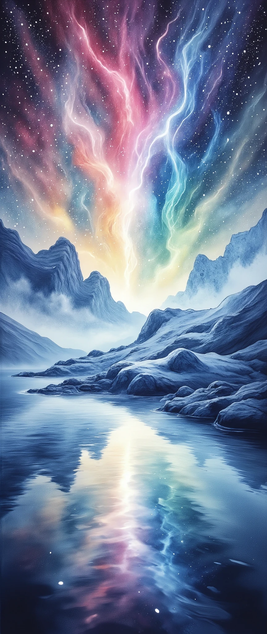 (masterpiece:1.2,Outstanding quality,Mirror finish, Cinematic Experience),8k,16k,wallpaper,( best illustrations),(Aurora over a glacier:2.0),(Watercolor painting of auroras seen at Jökulsárlón glacier lake:2.0),(Iceland),(Spectacular landscape photos ),( dynamic),(Vivid colors:2.0),(美しい gradient :2.0),(Diffuse reflection of light:2.0),(Mysterious),Smear, gradient ,Blur, sputtering,Layering,Dry brush,wiping ,Soft touch