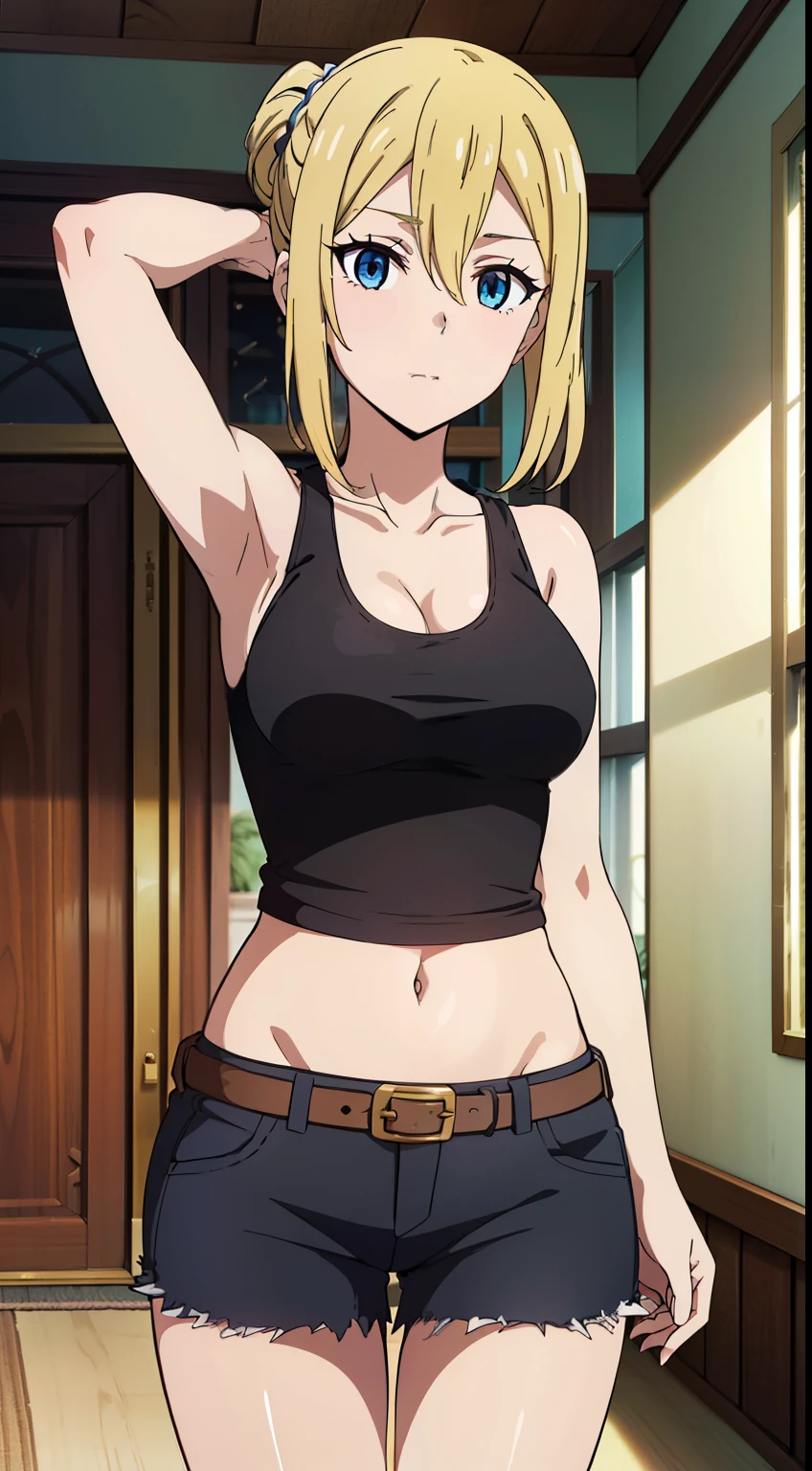 hayasaka, blonde hair, blue eyes, hair Scrunchie, side ponytail, Scrunchie, 1 girl, hair ornaments, alone, hair between eyes, (sexy tank tops, belly button, Indoors),
beautiful Finger, beautiful body, beautiful character design, perfect eyes, perfect face, expressive eyes, looking at the viewer, Show up to your knees, sexy pose, in the center of the image, official art, High Definition CG Unity, Perfect lit, bright_front_face_lit, (table top:1.0),(Highest_quality:1.0), (anime coloring), 4k, Super detailed, photograph, 8k, nffsw, High resolution, (absurd:1.2), kodak portrait 400, film grain, Lens flare, (lively_color:1.2),  (beautiful_medium breasts:1.4), (beautiful_face:1.3), (narrow_waist), (cowboy shot:1.2), 
