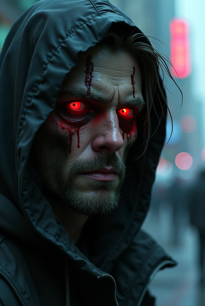 macro crisp quality, close up portraint, of cyberpunk brutal man, in cyberpunk neon room, rough skin, look at a camera, glowing eyes, age 40, cinematic, dimmed colors, dark shot, muted colors, film grainy, lut, spooky