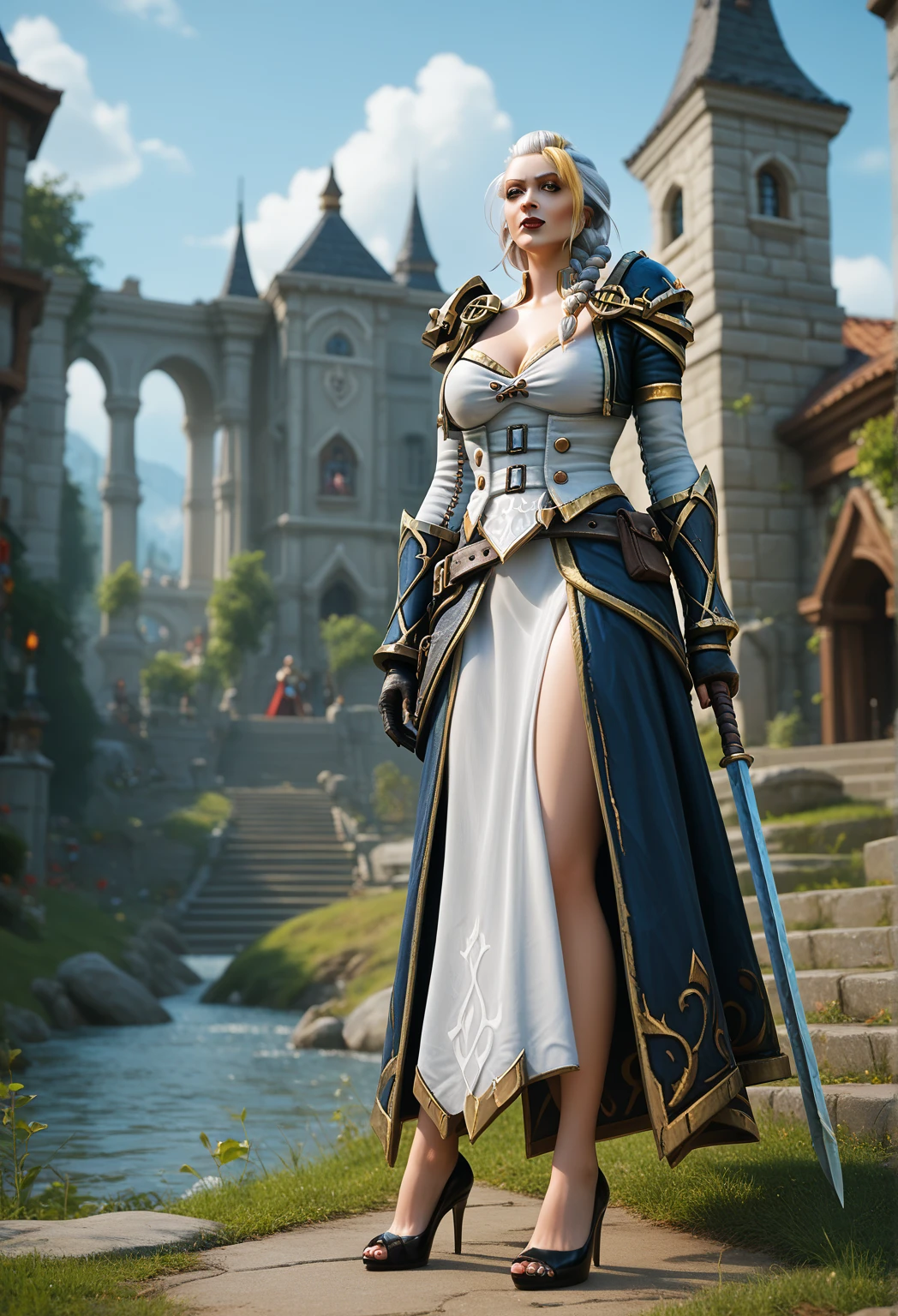 Lady Jaina Proudmoore, high heels, battlements, outside, large breasts, cleavage