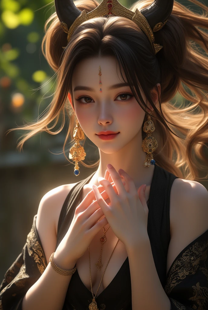 8k, masterpiece, RAW photo, best quality, photorealistic, extremely detailed CG unity 8k wallpaper, Depth of field, Cinematic Light, Lens Flare, Ray tracing, (extremely beautiful face, beautiful lips, beautiful eyes), intricate detail face, ((ultra detailed skin)), 1girl, in the dark, deep shadow, pretty girl, ((looking at viewer)), clear eyes, front shot, (pale skin),  face forward, (brown hairs), very slim, small breasts, (full body shot), BREAK (windy:1.4), (floating hair:1.3), (black sabai:1.4), (traditional thai dress:1.2), (jewelry:1.3), (navel:1.2), in wonderful garden, sunray, sun raise, sun light, BREAK she smile and shy, her two hands cover face. embarrassing. Thai tradition dress, detail dress, Royal Thai Headpiece