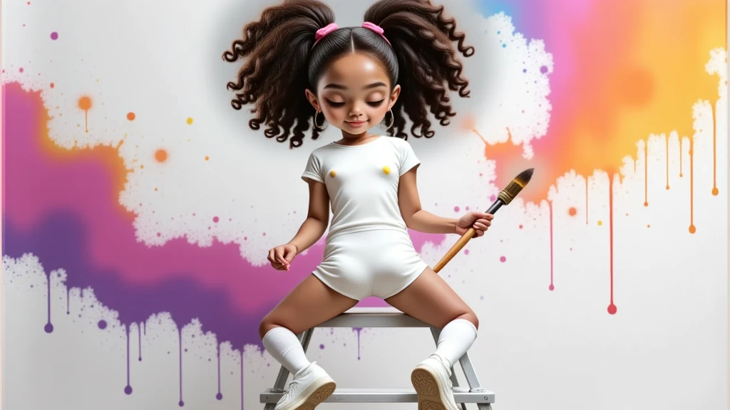 Inspired by Disney Pixar characters and films, create the image of
A , ****, 12Y, AGE: 12, AGE:12Y, ******* DE IDADE,  GIRL, with curly Afro-descendant hair tied in two ponytails, wearing a white t-shirt without any print, very short shorts, sensual and attractive pink, white socks up to her knees and white sneakers, everything white on her is dirty with paint without exception, including her t-shirt and socks, she is 1.35 tall, she is a , but she is sensual, attractive, charming, bold, depraved, BEAUTIFUL, THIN, SENSUAL, PRE-ADOLESCENT BODY, E, ATTRACTIVE, 1.35 TALL, LIGHT BROWN SKIN, FILMED FROM THE BACK ON A TWO-STEP LADDER WITH A BRUSH IN HER HAND, 