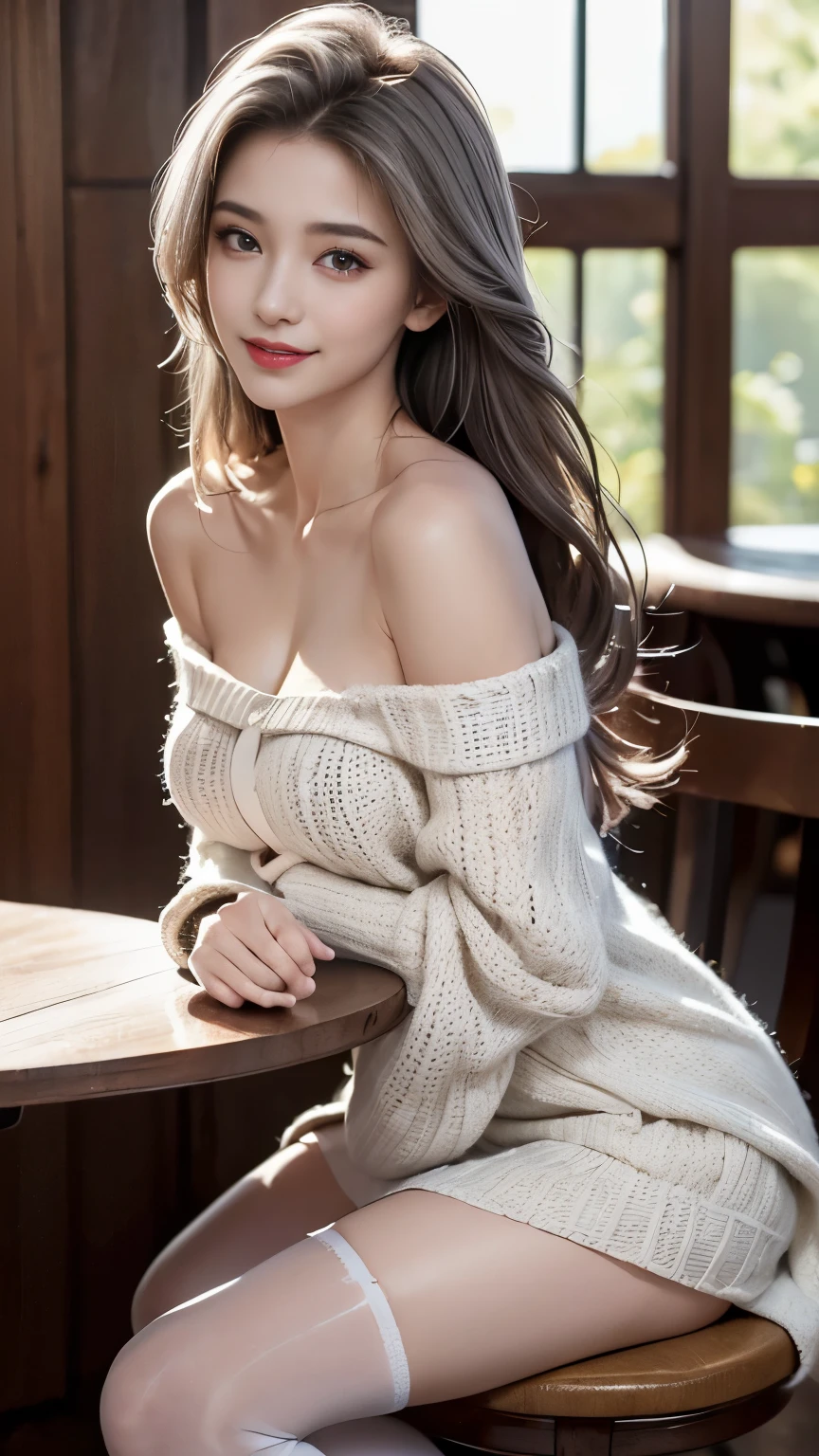 ((Highest quality, 8K, masterpiece: 1.3)),RAW Photos,Realistic atmosphere,Lens flare, Ray Tracing,(Detailed beautiful white skin:1.3),Beautiful Japanese, Shiny light brown hair,Large Breasts,Beautiful valley,Put your chest close,Sexy mole,A pleasant-looking smile,Stylish seaside cafe,Sit cross-legged on a chair,A loose, lightweight knit with no shoulder straps,A lightweight knit dress with off-the-shoulder sleeves,Beautiful nails,