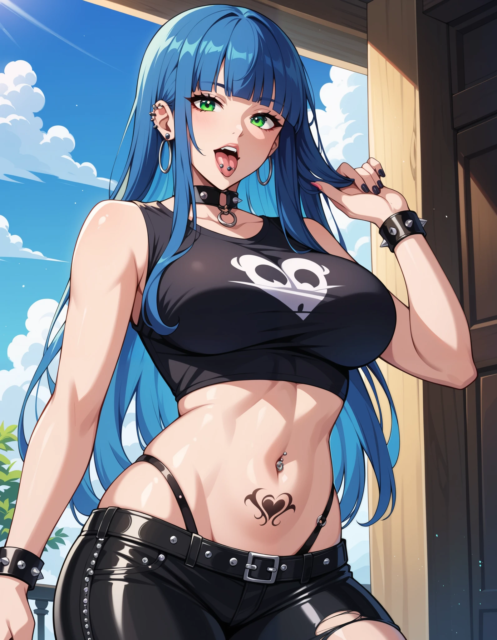 score_9, score_8_up, score_7_up,  1girl, ,((( long straight hair,1,5))), (dark blue hair:1.5), blunt bangs, (green eyes), voluptuous, pale skin, , goth attire, punk attire, ripped cropped t-shirt, leather pants, pierced navel, belly tattoo, , spiky armbands, chocker,, tongue piercing, tongue, tongue out, open mouth,