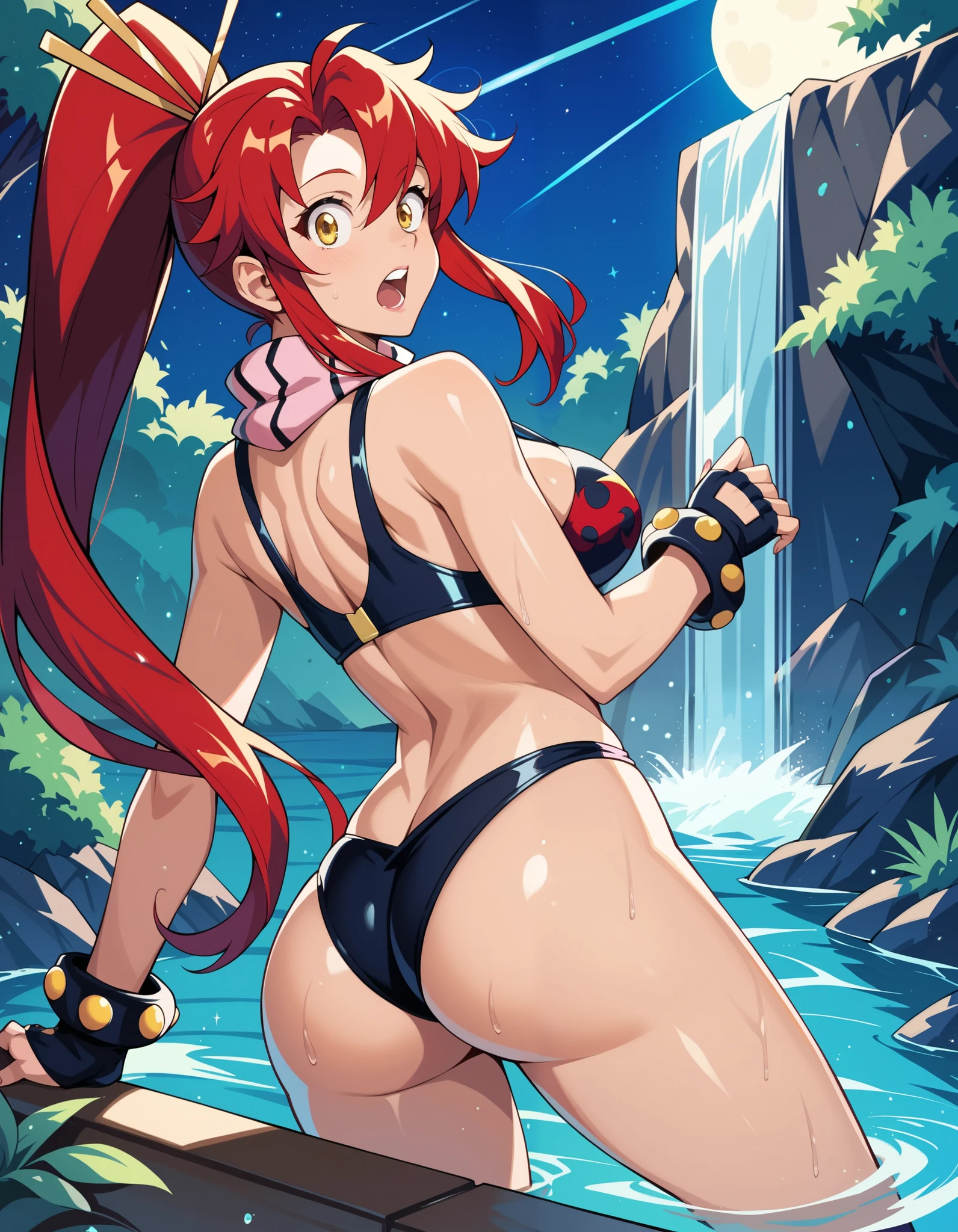 score_9, score_8_up, score_7_up, rating_safe, BREAK, solo, night, dark, waterfall, yoko_littner, tengen_toppa_gurren_lagann, 1girl, red_hair, yellow_eyes, ass, looking at viewer, surprised, solo