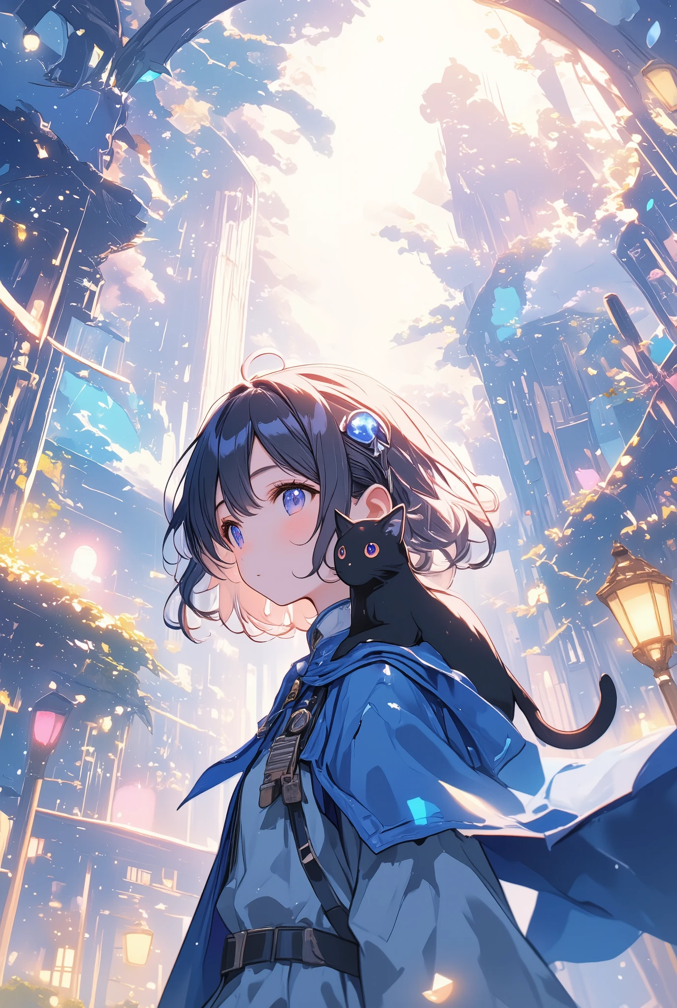  thin and soft painting style、 Fantasy World 、 adventurer girl in a blue cape 、 short hair on the side of the uniform、 black hair、Blue hair ornament、Black cat on her shoulder 、Light effects、Fluffy work 