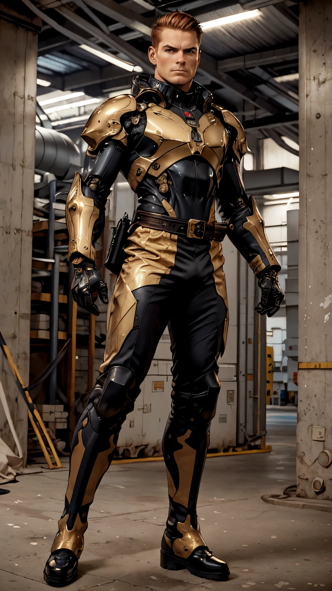 (masterpiece:1.2, best quality:1.2, extremely delicate:1.2), ((male:1.5)), a man with slicked-back short disheveled red-gold hair, cold and ruthless gaze, confident expression, a two piece futuristic-style military dress uniform, primarily white and red with yellow accents, streamlined wristguard gloves, metal shoulder pads, metal belt, matching trousers, long combat boots, stands within a futuristic sci-fi hangar, the background is a giant mecha, this character embodies a finely crafted futuristic military officer in anime style, exquisite and mature oil painting art style, dramatic, high definition, highres, ultra-detailed, ultra-fine painting, professional, perfect body proportions, golden ratio, anatomically correct, symmetrical face, extremely detailed eyes and face, high quality eyes, creativity, RAW photo, UHD, 32k, Natural light, cinematic lighting, (masterpiece-anatomy-perfect:1.2)
