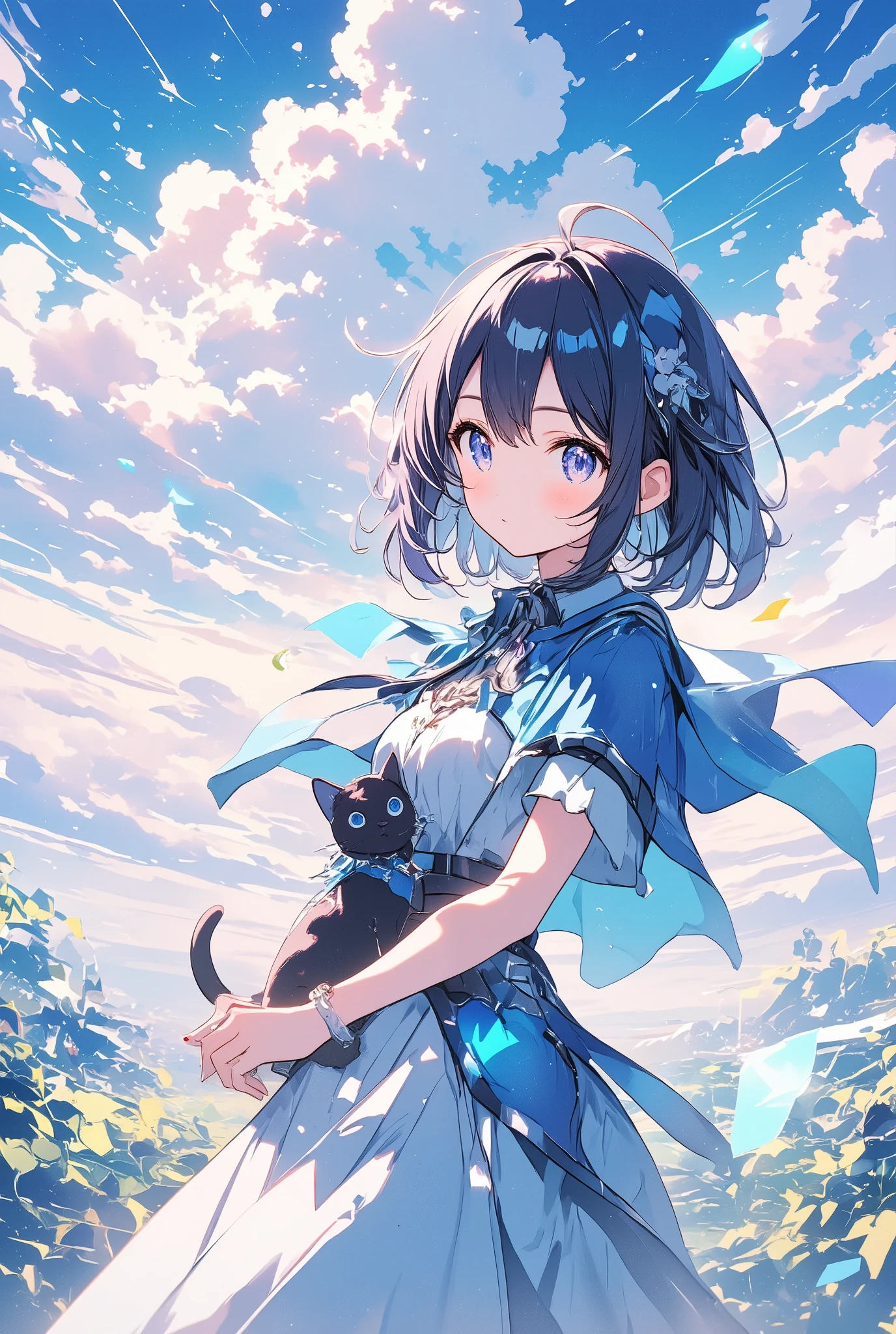thin and soft painting style、 watercolor style 、 Fantasy World 、 adventurer girl in a blue cape 、 short hair on the side of the uniform、 black hair、Blue hair ornament、Black cat on her shoulder 、Light effects、Fluffy work