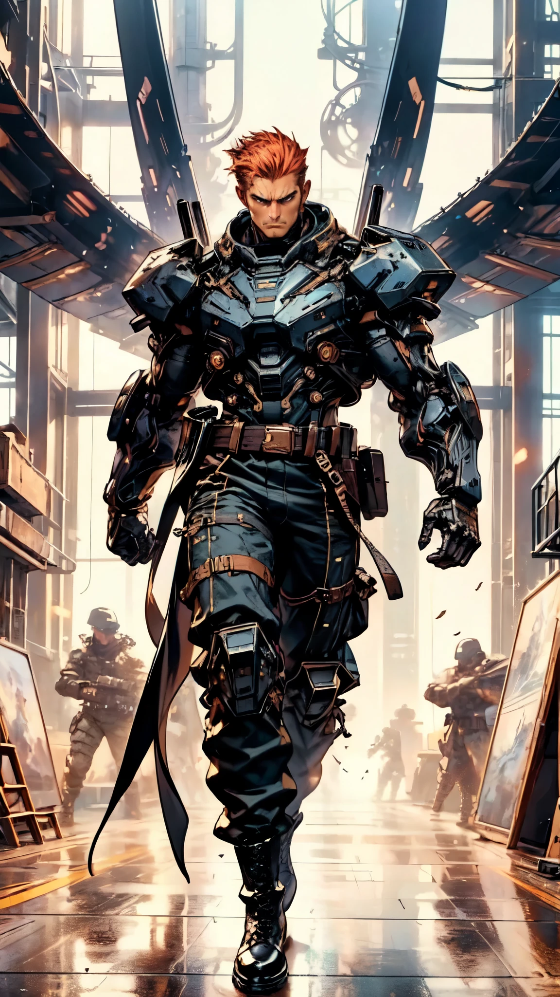 (masterpiece:1.2, best quality:1.2, extremely delicate:1.2), ((male:1.5)), a man with slicked-back short disheveled red-gold hair, cold and ruthless gaze, confident expression, a two piece futuristic-style military dress uniform, primarily white and red with yellow accents, streamlined wristguard gloves, metal shoulder pads, metal belt, matching trousers, long combat boots, stands within a futuristic sci-fi hangar, the background is a giant mecha, this character embodies a finely crafted futuristic military officer in anime style, exquisite and mature oil painting art style, dramatic, high definition, highres, ultra-detailed, ultra-fine painting, professional, perfect body proportions, golden ratio, anatomically correct, symmetrical face, extremely detailed eyes and face, high quality eyes, creativity, RAW photo, UHD, 32k, Natural light, cinematic lighting, (masterpiece-anatomy-perfect:1.2)