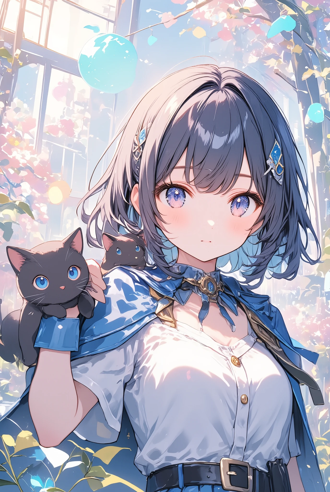  thin and soft painting style、 nostalgic 、 Fantasy World 、 adventurer girl in a blue cape 、 short hair on the side of the uniform、 black hair、Blue hair ornament、Black cat on her shoulder 、Light effects、Fluffy work 