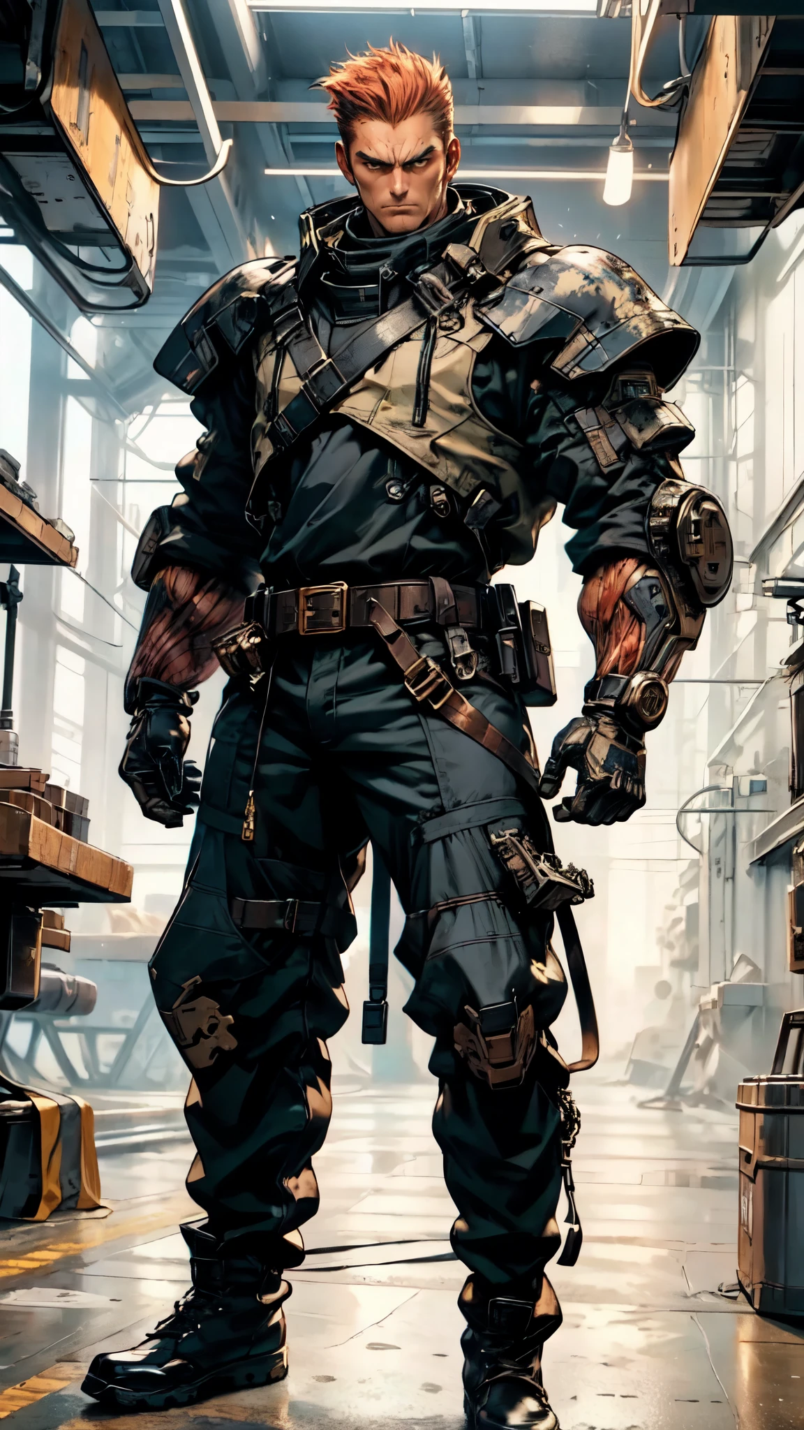 (masterpiece:1.2, best quality:1.2, extremely delicate:1.2), ((male:1.5)), a man with slicked-back short disheveled red-gold hair, cold and ruthless gaze, confident expression, a two piece futuristic-style military dress uniform, primarily white and red with yellow accents, streamlined wristguard gloves, metal shoulder pads, metal belt, matching trousers, long combat boots, stands within a futuristic sci-fi hangar, the background is a giant mecha, this character embodies a finely crafted futuristic military officer in anime style, exquisite and mature oil painting art style, dramatic, high definition, highres, ultra-detailed, ultra-fine painting, professional, perfect body proportions, golden ratio, anatomically correct, symmetrical face, extremely detailed eyes and face, high quality eyes, creativity, RAW photo, UHD, 32k, Natural light, cinematic lighting, (masterpiece-anatomy-perfect:1.2)