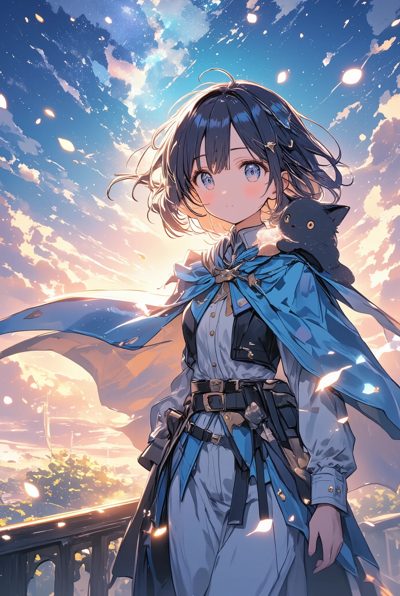  thin and soft painting style、 nostalgic 、Fluffy work 、 Fantasy World 、 adventurer girl in a blue cape 、 short hair on the side of the uniform、 black hair、Blue hair ornament、Black cat on her shoulder 、Light effects