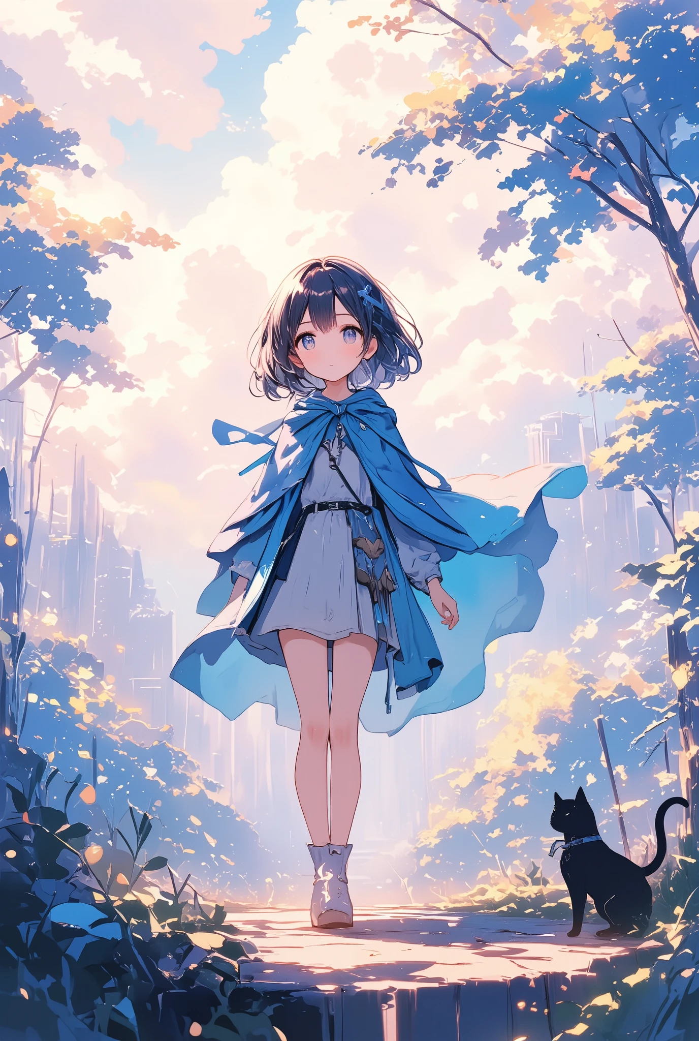  thin and soft painting style、 nostalgic 、Fluffy work 、 Fantasy World 、 adventurer girl in a blue cape 、 short hair on the side of the uniform、 black hair、Blue hair ornament、Black Cat、Light effects