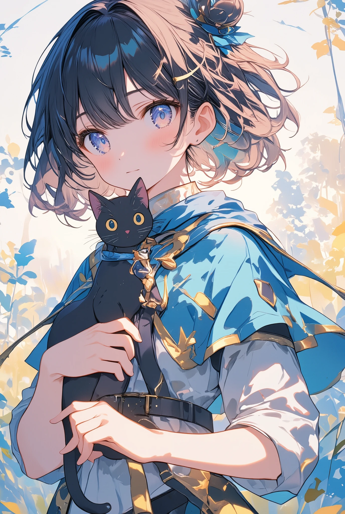  thin and soft painting style、 nostalgic 、 Fantasy World 、 adventurer girl in a blue cape 、 short hair on the side of the uniform、 black hair、Blue hair ornament、Black cat on her shoulder 、Light effects、Fluffy work 