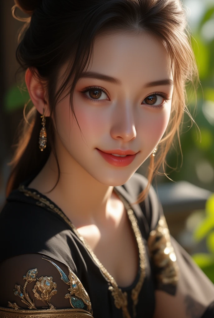 8k, masterpiece, RAW photo, best quality, photorealistic, extremely detailed CG unity 8k wallpaper, Depth of field, Cinematic Light, Lens Flare, Ray tracing, (extremely beautiful face, beautiful lips, beautiful eyes), intricate detail face, ((ultra detailed skin)), (liuyifei:0.2) 1girl, in the dark, deep shadow, pretty girl, (very slim slender fit-muscled body:1.3), ((looking at viewer)), (big smile:1.3), clear eyes, front shot, (pale skin), (big eyes), face forward, (brown hairs), (looking at viewer:1.3), very slim, small breasts, BREAK (windy:1.4), (floating hair:1.3), (black sabai:1.4), (traditional thai dress:1.2), (jewelry:1.3), (navel:1.2), in wonderful garden, sunray, sun raise, sun light,  Thai tradition dress, detail dress, 