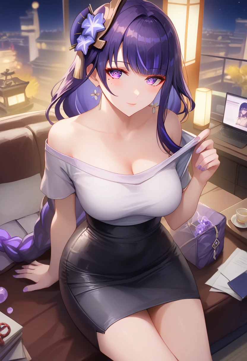 raiden shogun (genshin impact), 1girl, milf, long hair, looking at viewer, glamorous, aroused, maternal smile, blush, sexy, large breasts, purple hair, multicolored hair, short sleeves ,thighs, earrings,closed mouth, secretary, off shoulder, alternate costume, indoors, Tight long dresses,black skirt, from above,sitting on futon,at night, Temptation,