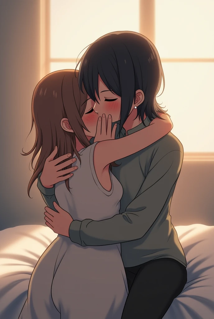 ((Best quality, A high resolution, Masterpiece:1.2)), (Romantic), (couple:1) ,(Clear facial features), ((Best quality, A high resolution)) ,(Clear facial features), a couple kissing on a bed with a white sheet, a male and female kiss, kissing together cutely, kissing together, lovely kiss, kiss mouth to mouth, kissing each other, embrace, landscape