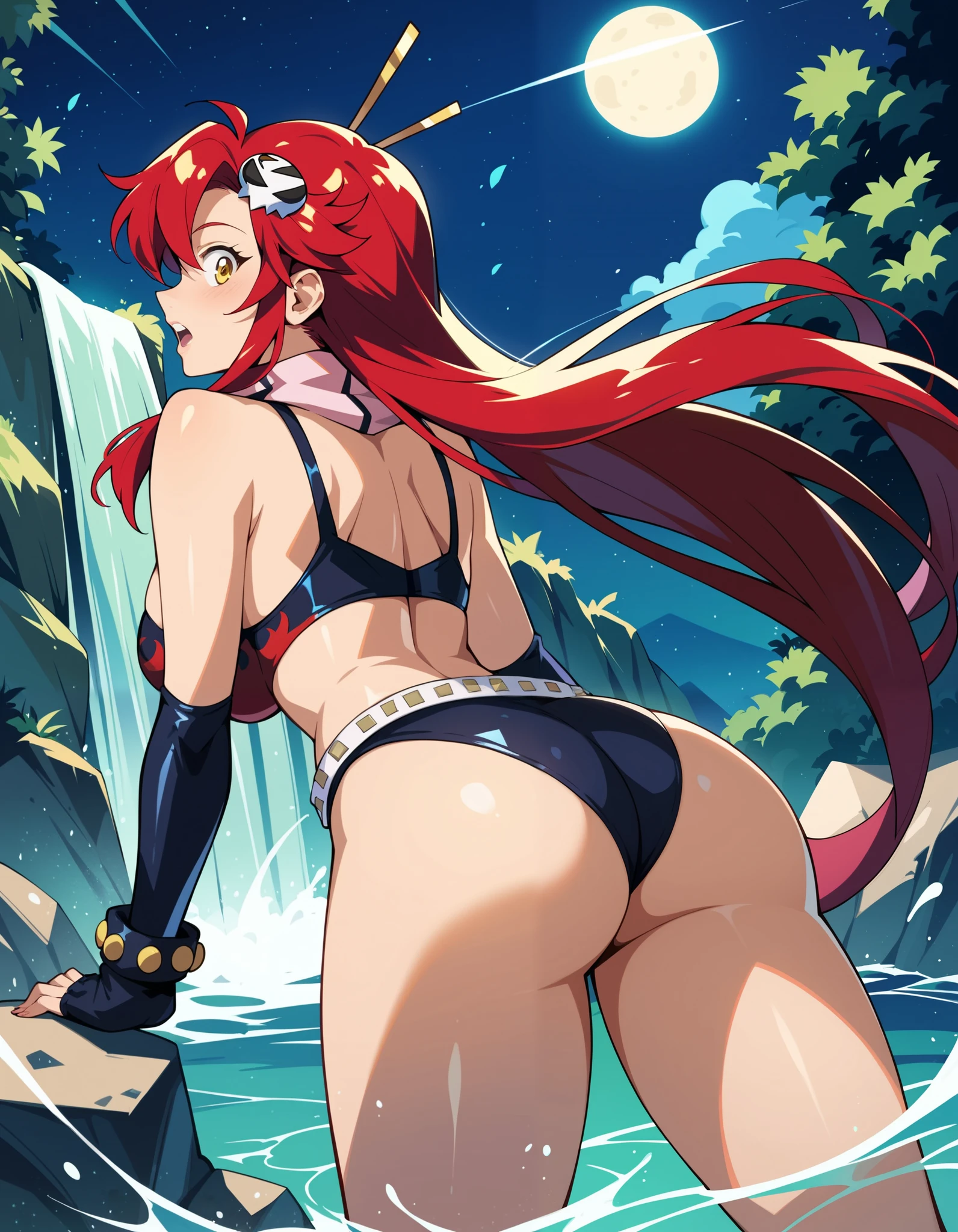 score_9, score_8_up, score_7_up, rating_safe, BREAK, solo, night, dark, waterfall, yoko_littner, tengen_toppa_gurren_lagann, 1girl, red_hair, yellow_eyes, ass, looking at viewer, surprised, solo