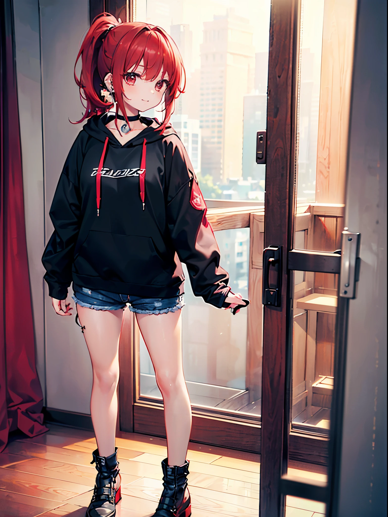 Anime girl in black hoodie and denim shorts standing in front of a door ...