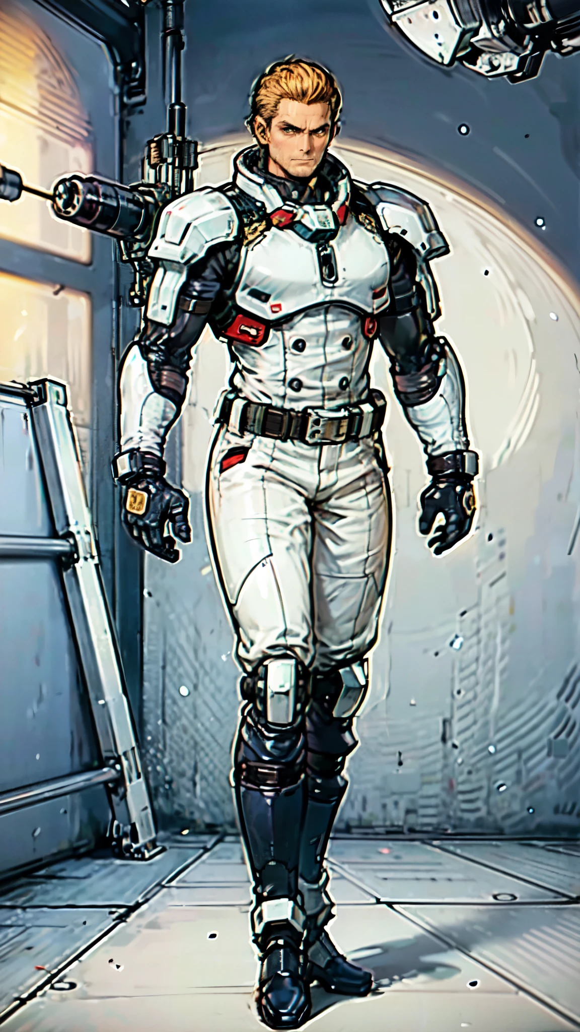 (masterpiece:1.2, best quality:1.2, extremely delicate:1.2), ((male:1.5)), a man with slicked-back short disheveled red-gold hair, cold and ruthless gaze, confident expression, a two piece futuristic-style military dress uniform, primarily white and red with yellow accents, streamlined wristguard gloves, metal shoulder pads, metal belt, matching trousers, long combat boots, stands within a futuristic sci-fi hangar, the background is a giant mecha, this character embodies a finely crafted futuristic military officer in anime style, exquisite and mature oil painting art style, dramatic, high definition, highres, ultra-detailed, ultra-fine painting, professional, perfect body proportions, golden ratio, anatomically correct, symmetrical face, extremely detailed eyes and face, high quality eyes, creativity, RAW photo, UHD, 32k, Natural light, cinematic lighting, (masterpiece-anatomy-perfect:1.2)