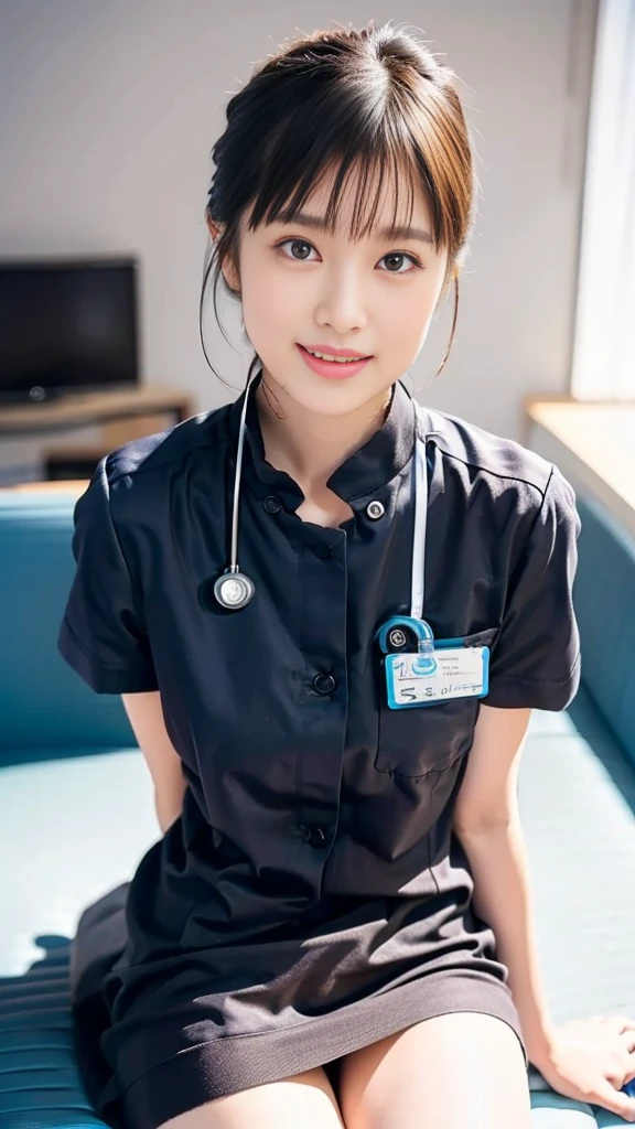 Everyday Scenes、    COWBOY SHOOTING  、(hospital:1.5)、Female nurse、 smiles  、(Small breasted women、 small breasts)、(24 years old)、((   super tight uniform   ))、   In a trendy light-colored uniform  、  you'll be thrilled and take your breath away  、Nurse shoes、Name tag on chest、Stethoscope from the neck、(   black hair  )、  best quality、   Ultra High Definition 、(Realistic:1.85)、Beautiful Japanese Eyes、  super beauty 、    left and right  、  perfect balance  、 detailed skin、((Delicate photo))，(  Detailed RAW photos of girls   ), (   COWBOY SHOOTING :1.5), (  best quality:1.6), (   Ultra High Definition :1.5), (Realistic:1.75), 8k resolution,  Canon EOS R5 , 50mm,    absurd,    Very detailed, Movie Lighting、 erect nipples during the day 、  beautiful small crack 、 Exhale with excitement 、(    sitting with legs open   )、   knee-high socks  、  walk through the waiting room in lace panties、 short cut hair、 SHORT PONYTAIL、 braided 、